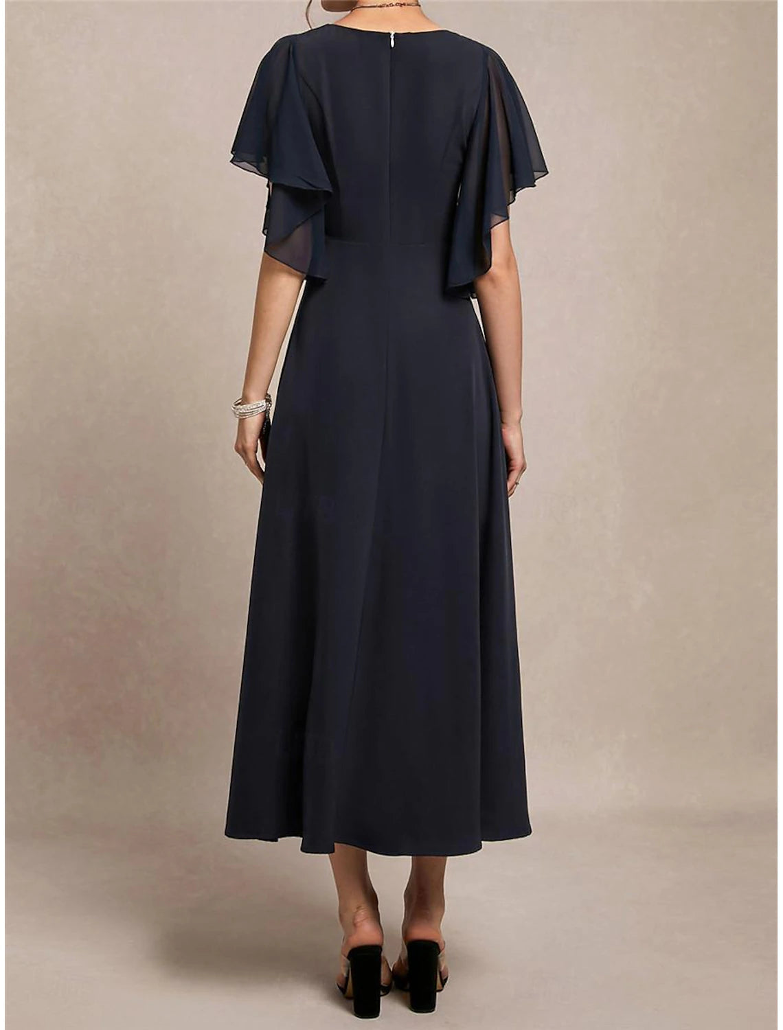 Women's A Line Dress Maxi Dress Ruffle High Waist Wedding Party Elegant Formal V Neck Short Sleeve Navy Blue Color