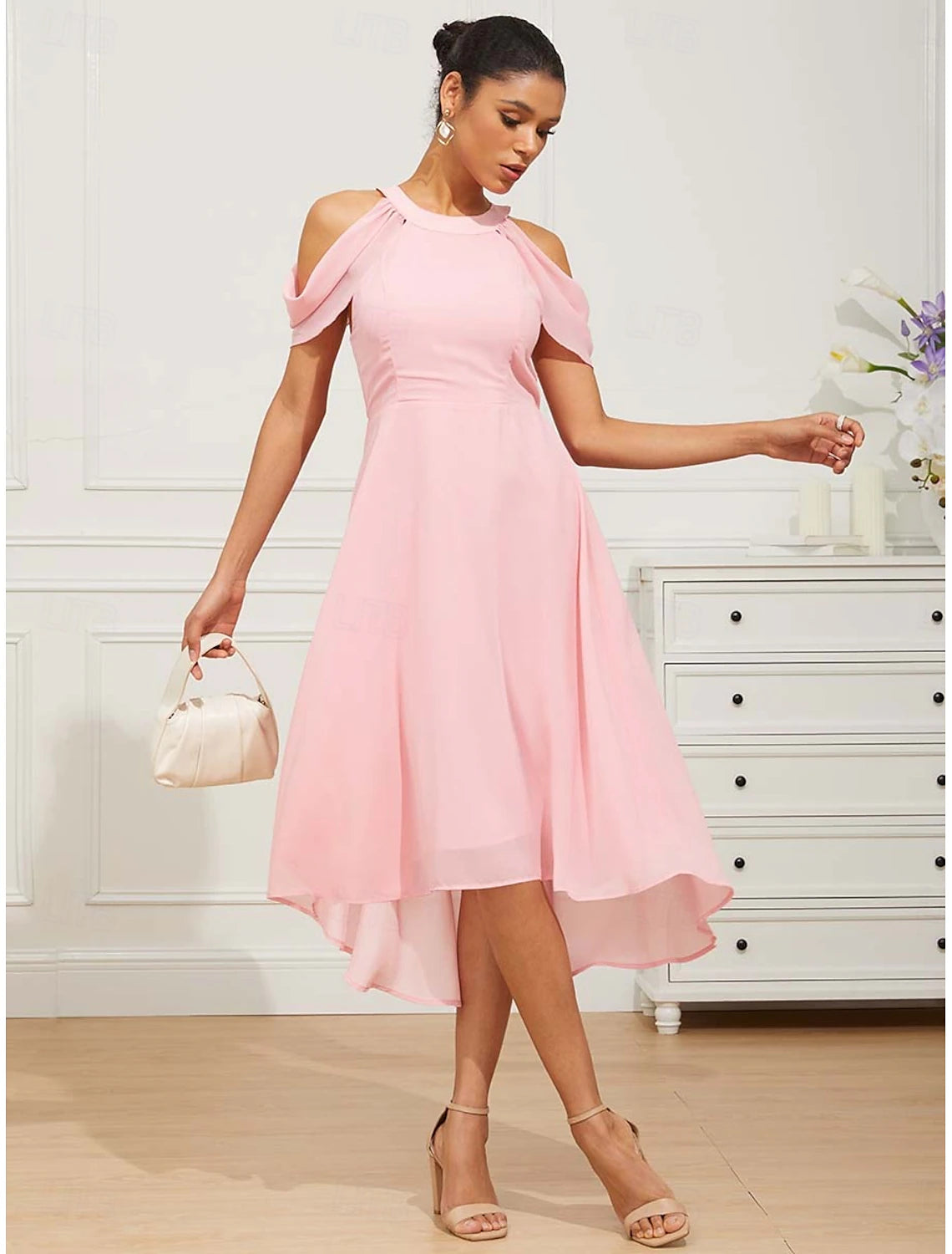 Women's Midi Dress Chiffon Dress Elegant Formal Flutter Sleeve Wedding Guest Cocktail Party Regular Fit 3/4 Length Sleeve Halter Neck Pink Summer Spring