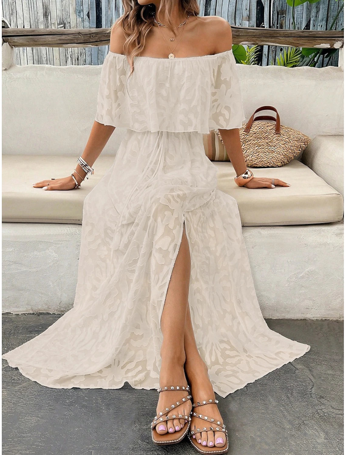 Women's Maxi Dress White Dress A Line Dress Elegant Ruffle Sleeve Wedding Guest Cocktail Party Loose Fit Solid Color Plain Short Sleeve Off Shoulder White Apricot Summer