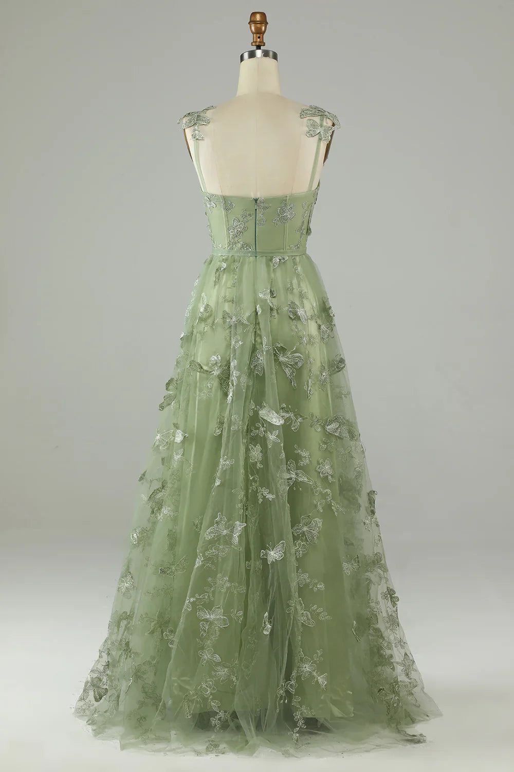 DingJiDress Green Corset Long Tulle Prom Dress with 3D Butterflies