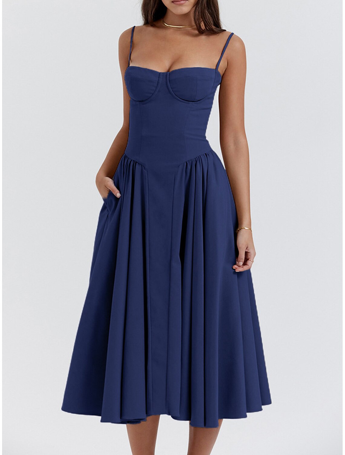 Women's Party Dress Cocktail Dress Wedding Guest Dress Ruched Pocket Spaghetti Strap Sleeveless Midi Dress Wedding Guest Cocktail Party Elegant Black Yellow Summer Spring