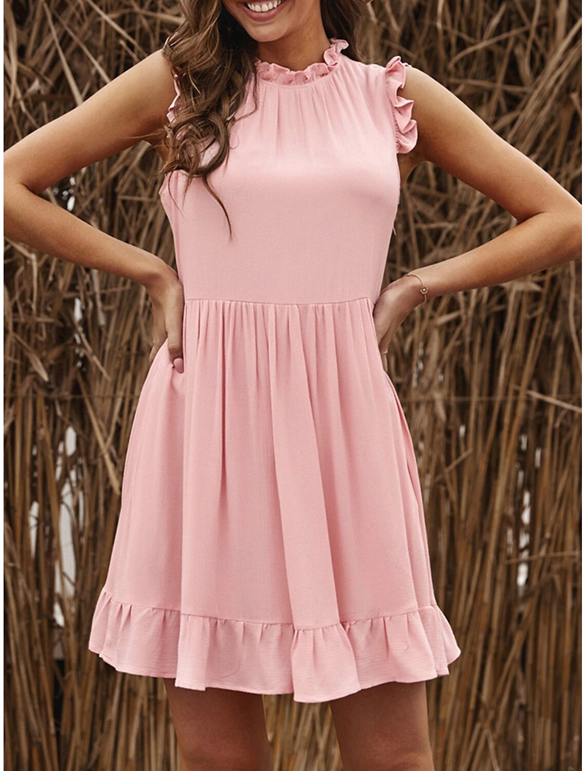 Women's Mini Dress A Line Dress Ruffle Dress Party Birthday Party Birthday Date Regular Fit Graphic Sleeveless High Neck Black Light Green Pink Summer Spring