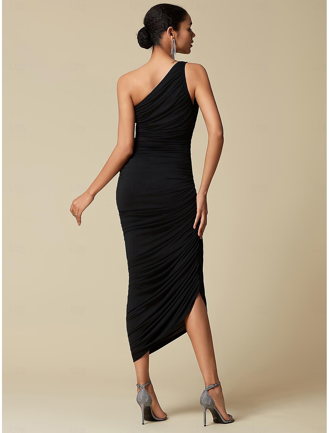 Black Elegant Party/Wedding Guest Ruched Sleeveless One Shoulder Elegant Midi Dress dress to impress