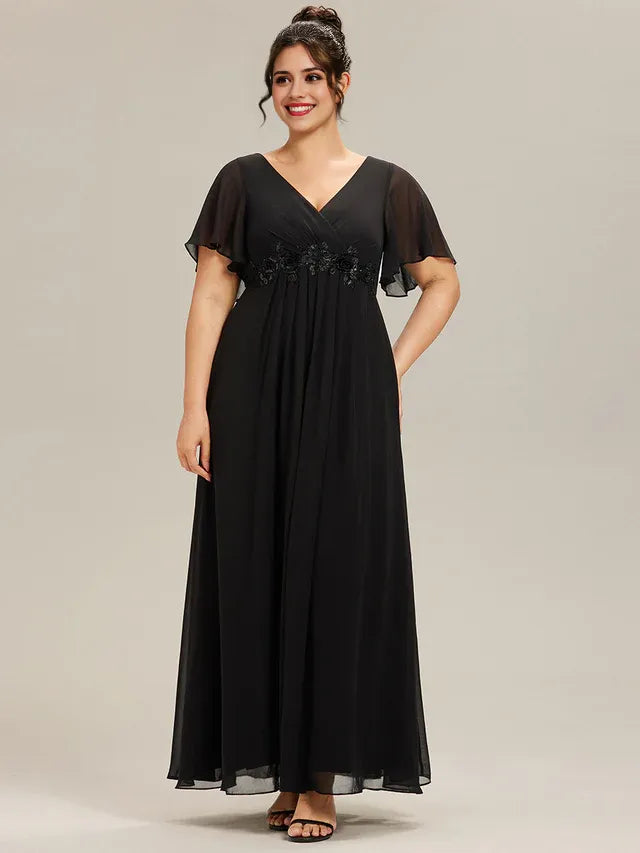 Elegant Black A-Line V -Neck Flutter Sleeve Floral Lace Applique Chiffon Floor-Length Plus-Size Prom Dresses