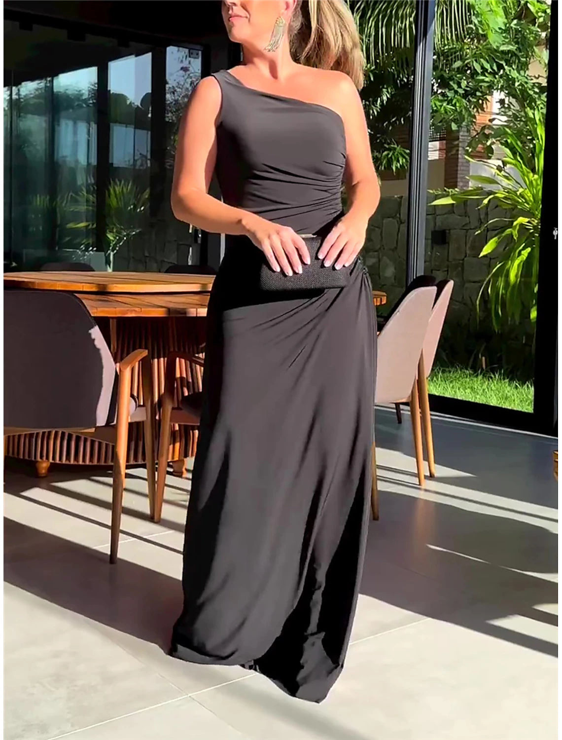 Women's Long Dress Maxi Dress Black Dress Prom Dress Party Dress Sheath Dress Fashion Party Elegant Dress Vacation Wedding Guest Special Occasion Regular Fit Pure Color Sleeveless One Shoulder Black