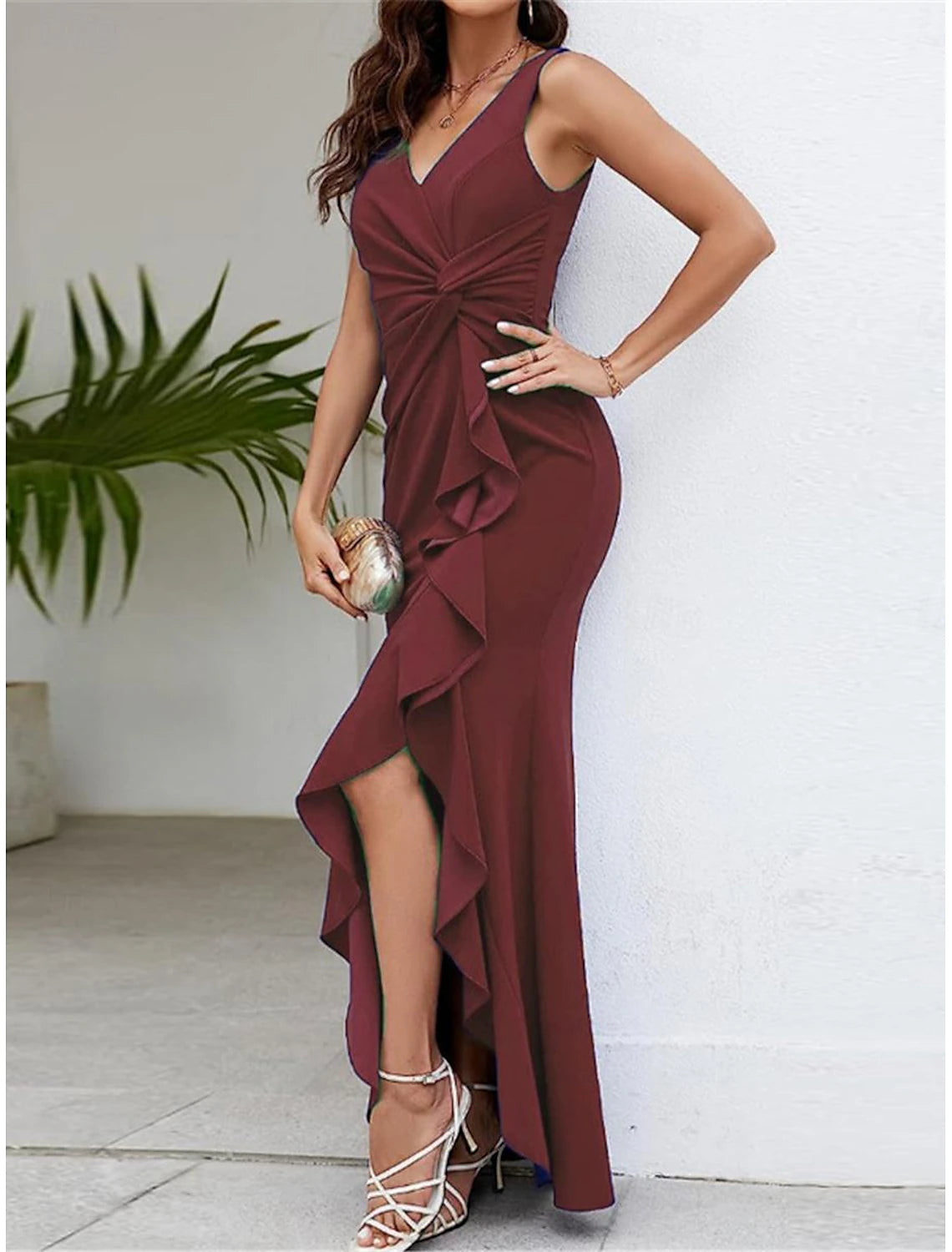 Women's Bodycon Maxi Dress Ruffle Split Cocktail Party Elegant Formal V Neck Sleeveless Black Wine Navy Blue Color