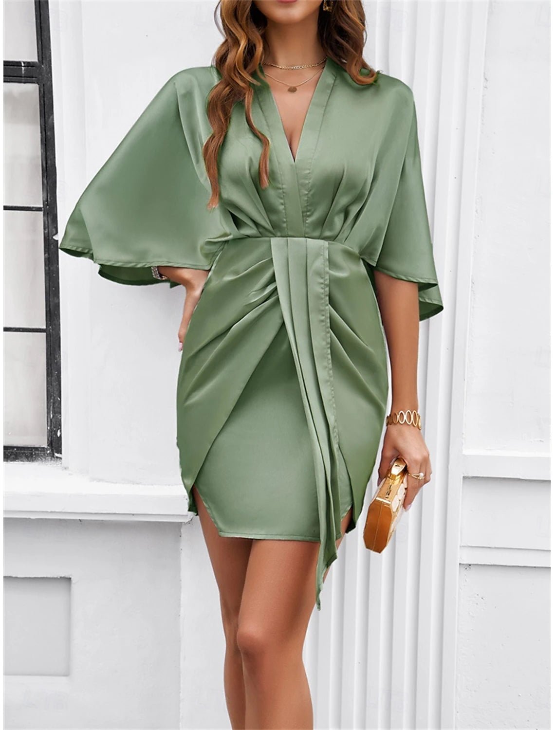 Women's Mini Dress Bandage Dress Bodycon Dress Work Dresses Cocktail Party Work Date Regular Fit Graphic 3/4 Length Sleeve V Neck Black Green Apricot Summer
