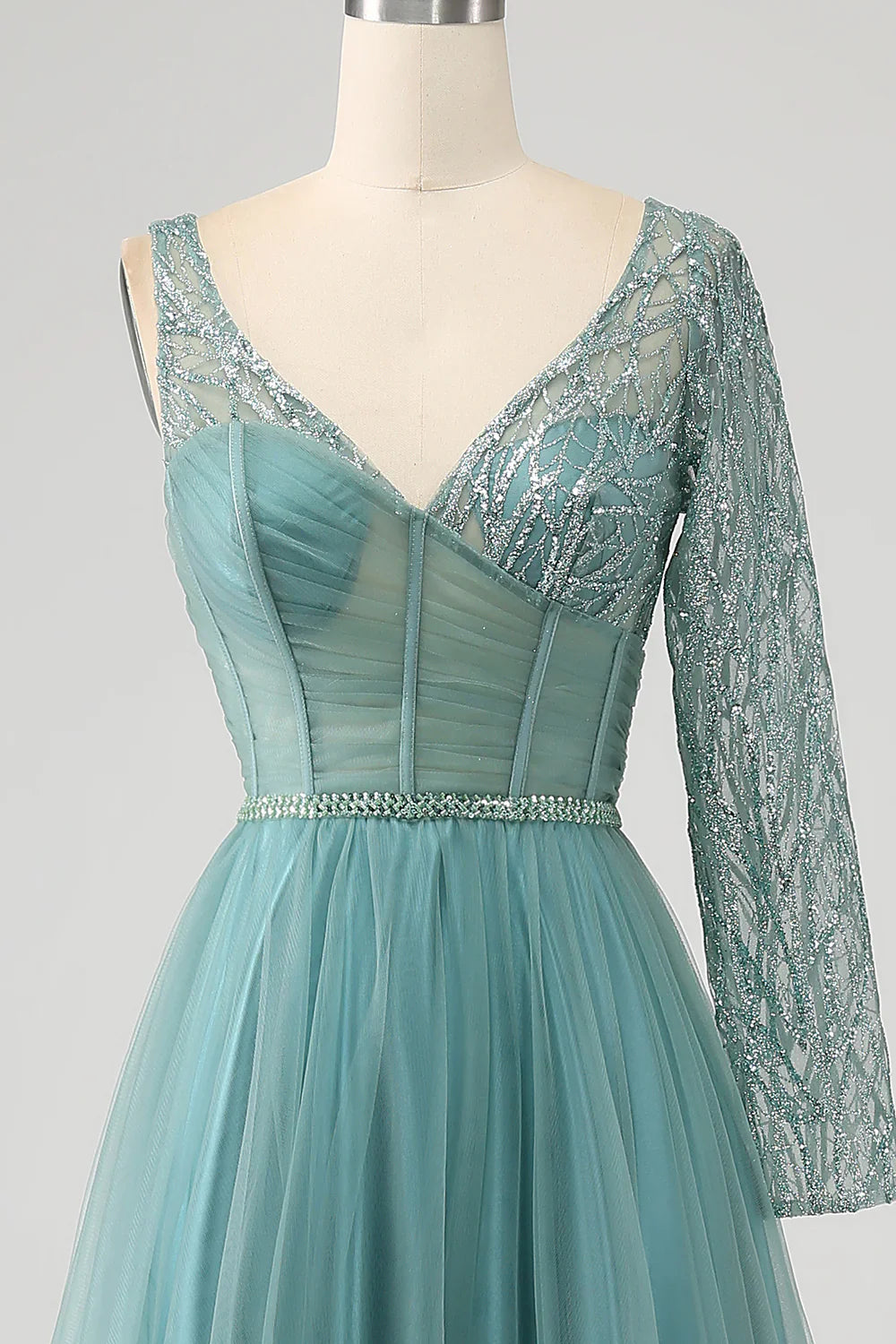 DingJiDress Grey Green A-Line Sparkly Sequin Long Corset Prom Dress