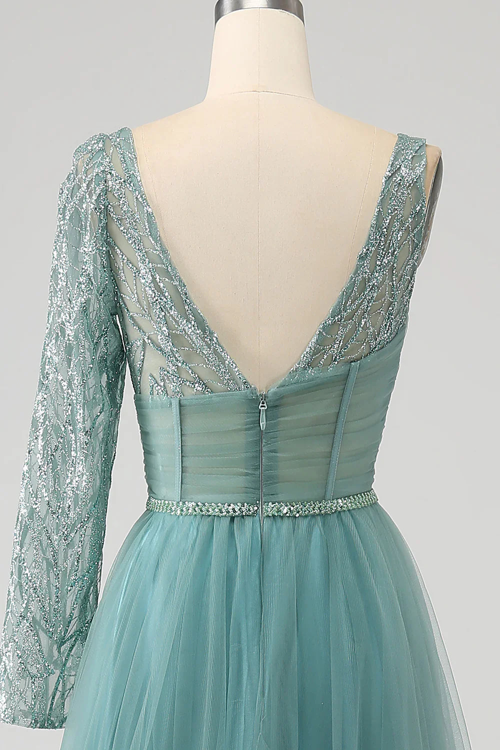 DingJiDress Grey Green A-Line Sparkly Sequin Long Corset Prom Dress