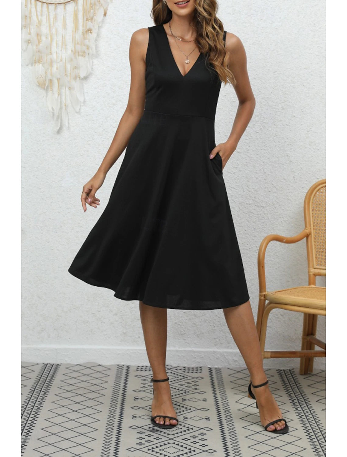 Women's Midi Dress Party Dress Cocktail Dress Fashion Party Birthday Date Regular Fit Plain Sleeveless V Neck Black Wine Blue Dark Green Summer