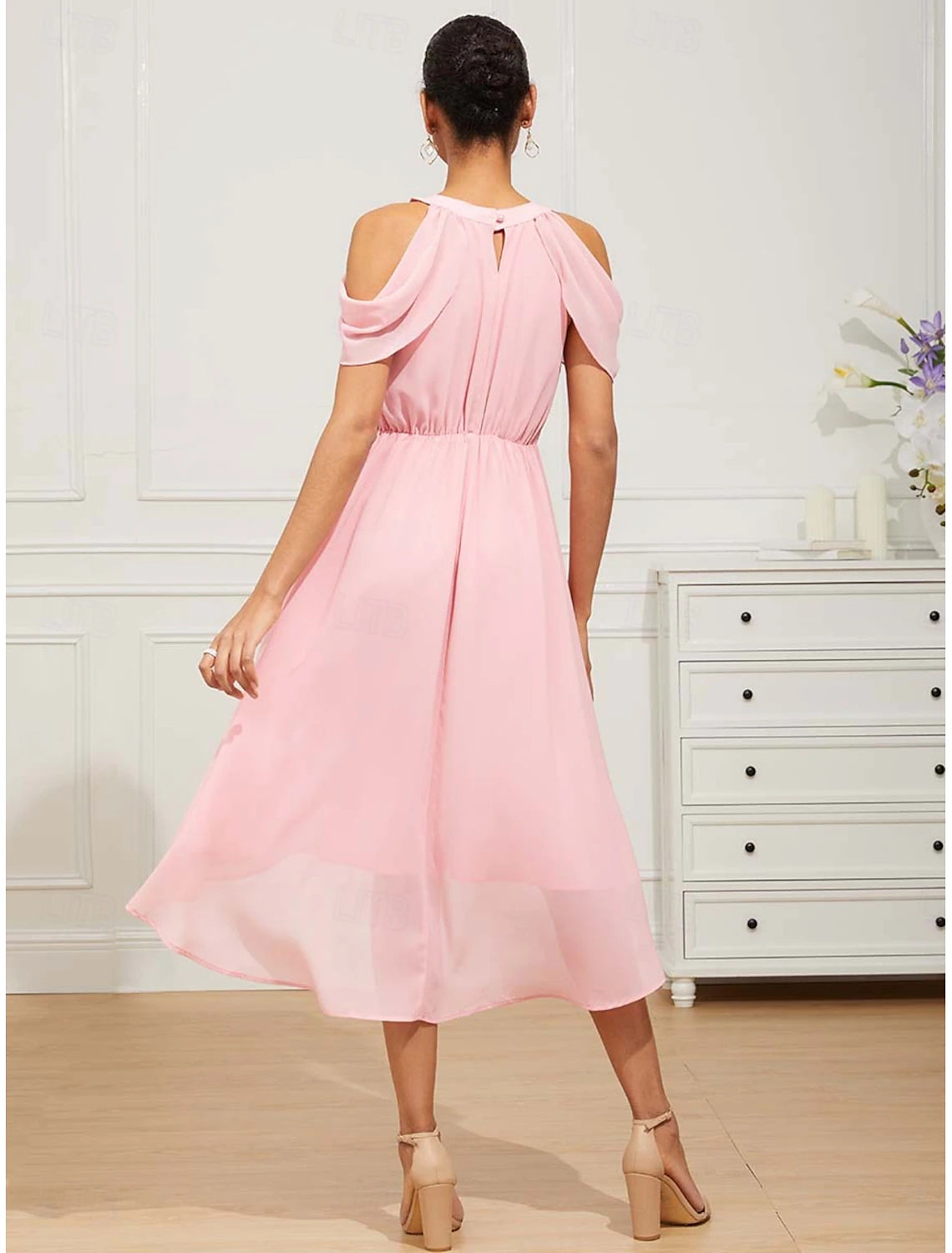 Women's Midi Dress Chiffon Dress Elegant Formal Flutter Sleeve Wedding Guest Cocktail Party Regular Fit 3/4 Length Sleeve Halter Neck Pink Summer Spring