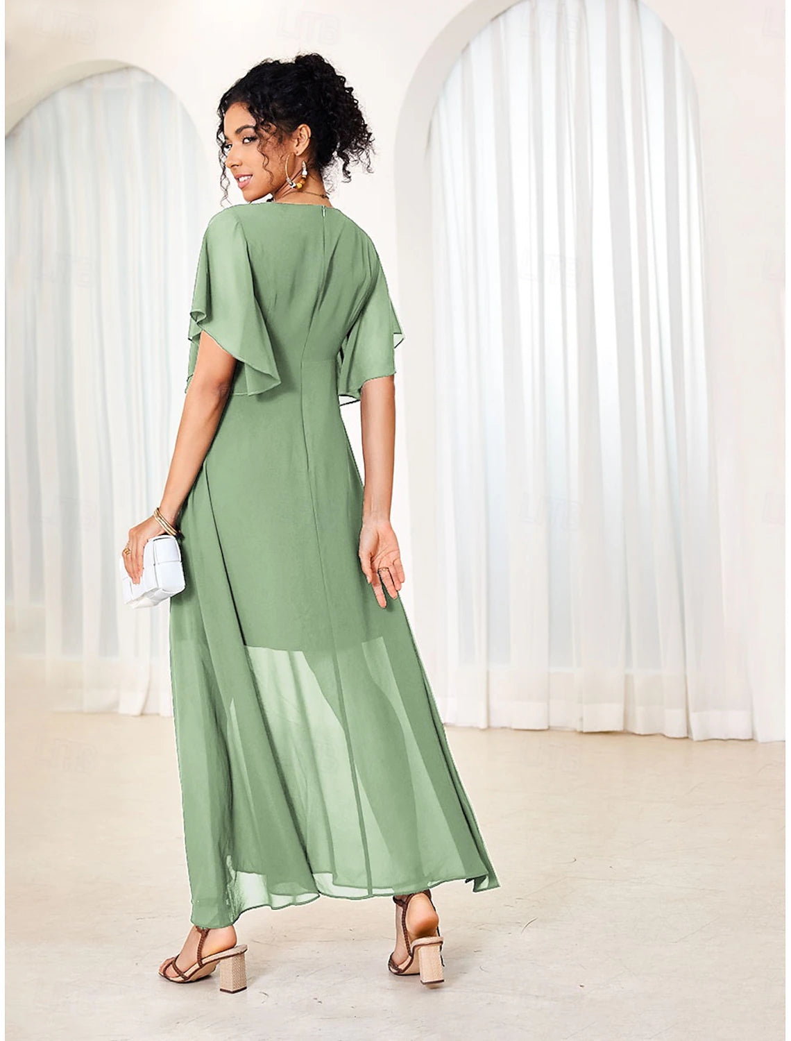 Women's Maxi Dress Elegant Flutter Sleeve Solid Blue Scoop Neck Cinched Waist Flowy Sheer Overlay Formal Event Party Summer