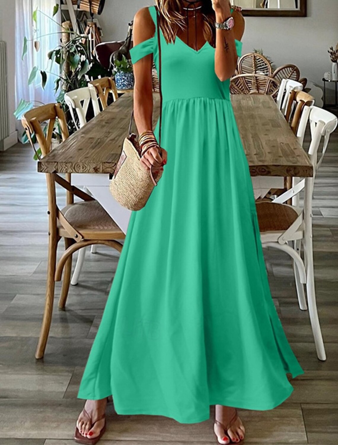Women's Long Dress Maxi Dress Casual Dress Swing Dress Fashion Outdoor Party Holiday Regular Fit Plain Sleeveless V Neck Black Red Green Summer