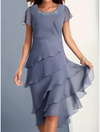 Women's Plus Size Wedding Guest Cocktail Dress Set Chiffon Ruffle Boat Neck Sleeveless Midi Dress Party Elegant Royal Blue Summer