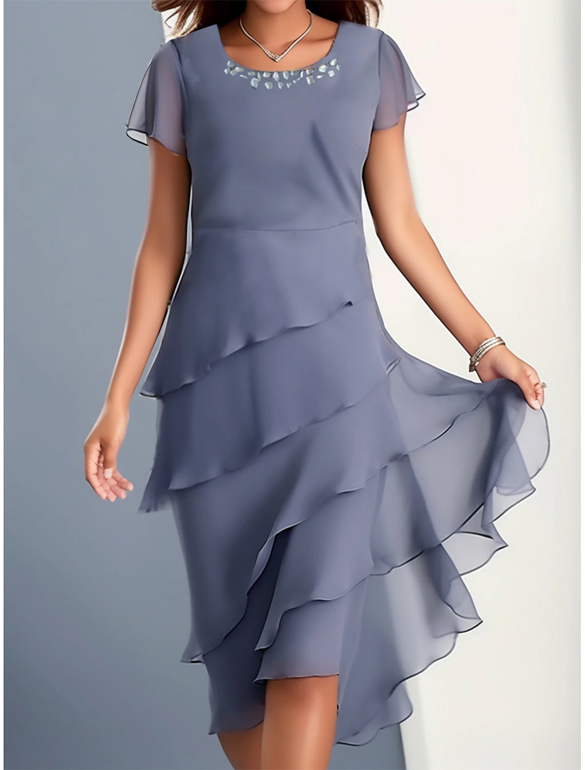 Women's Plus Size Wedding Guest Cocktail Dress Set Chiffon Ruffle Boat Neck Sleeveless Midi Dress Party Elegant Royal Blue Summer