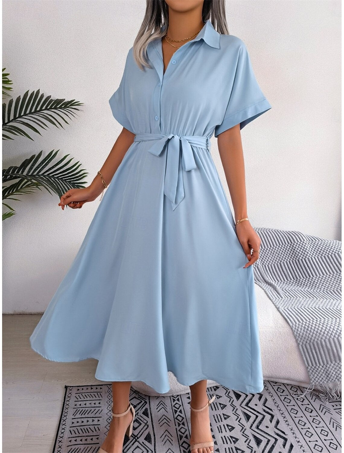 Women's Midi Dress Wrap Dress A Line Dress Birthday Casual Vacation Party Birthday Regular Fit Graphic Short Sleeve Shirt Collar Wine Army Green Light Blue Summe