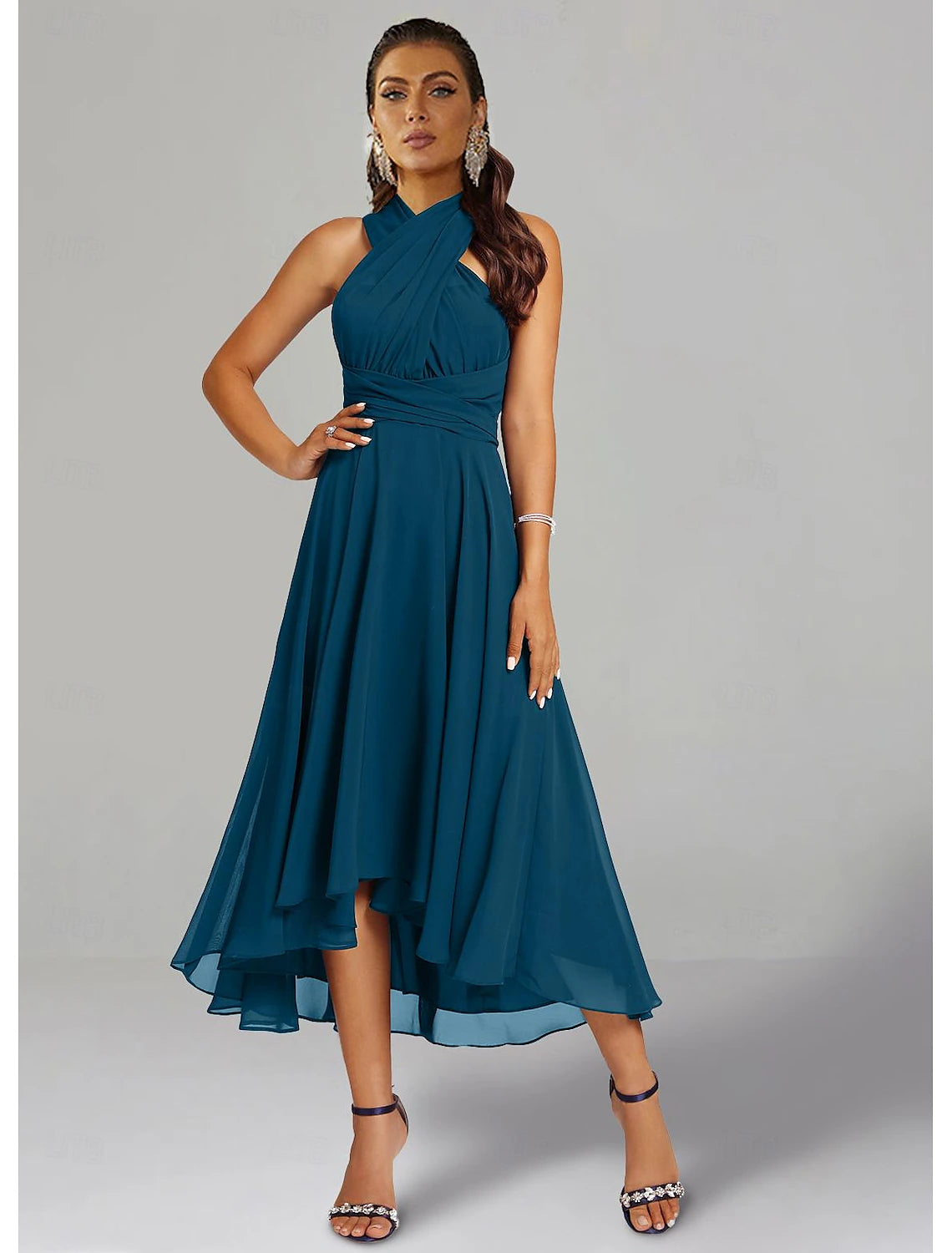 A-Line Wedding Guest Dresses Elegant Dress Formal Wedding Party Tea Length Sleeveless One Shoulder Fall Wedding Guest Chiffon with Ruched