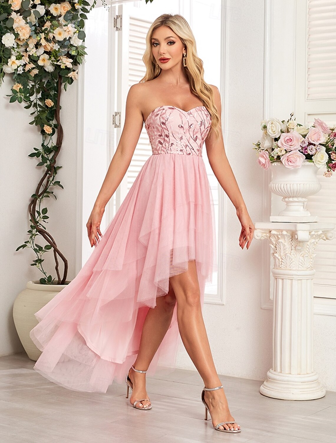 Ball Gown Party Dresses Party Dress Party Wear Cocktail Party Asymmetrical Sleeveless Strapless Pink Dress Tulle Backless with Glitter Embroidery