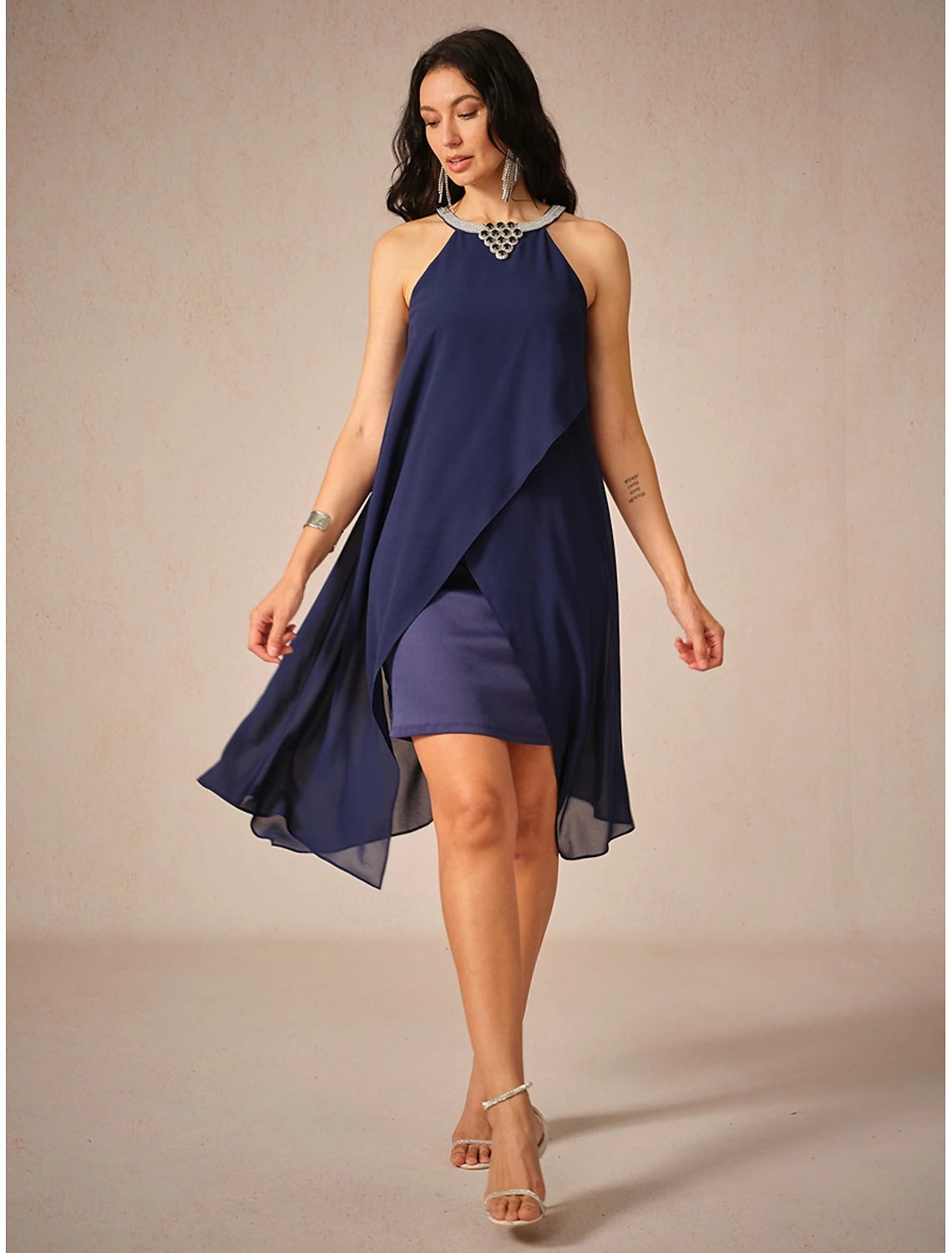 Women's Mini Dress Petite Dress Chiffon Dress Elegant Stylish Flowy Party Date Regular Fit Solid Color Sleeveless Halter Neck Navy Blue Summer