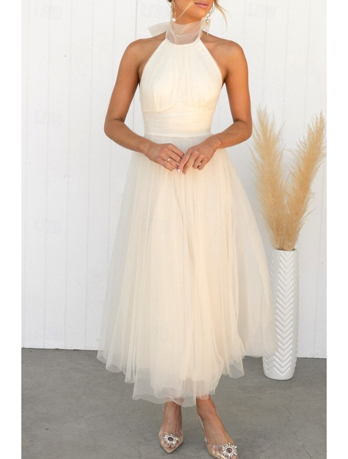 Women's Midi Dress Cocktail Dress Halter Neck Dress Elegant Fashion Party Birthday Tea Party Regular Fit Plain Sleeveless Halter Neck White Pink Apricot Summer