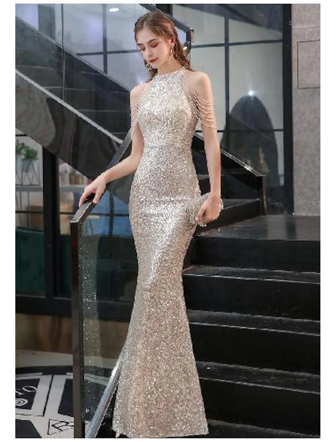 Mermaid Gold Dresses Party Dress Sequin Prom Dress Bodycon Engagement Formal Evening Dress Halter Neck Sleeveless Floor Length with Beads Tassel Masquerade Dress dress to impress