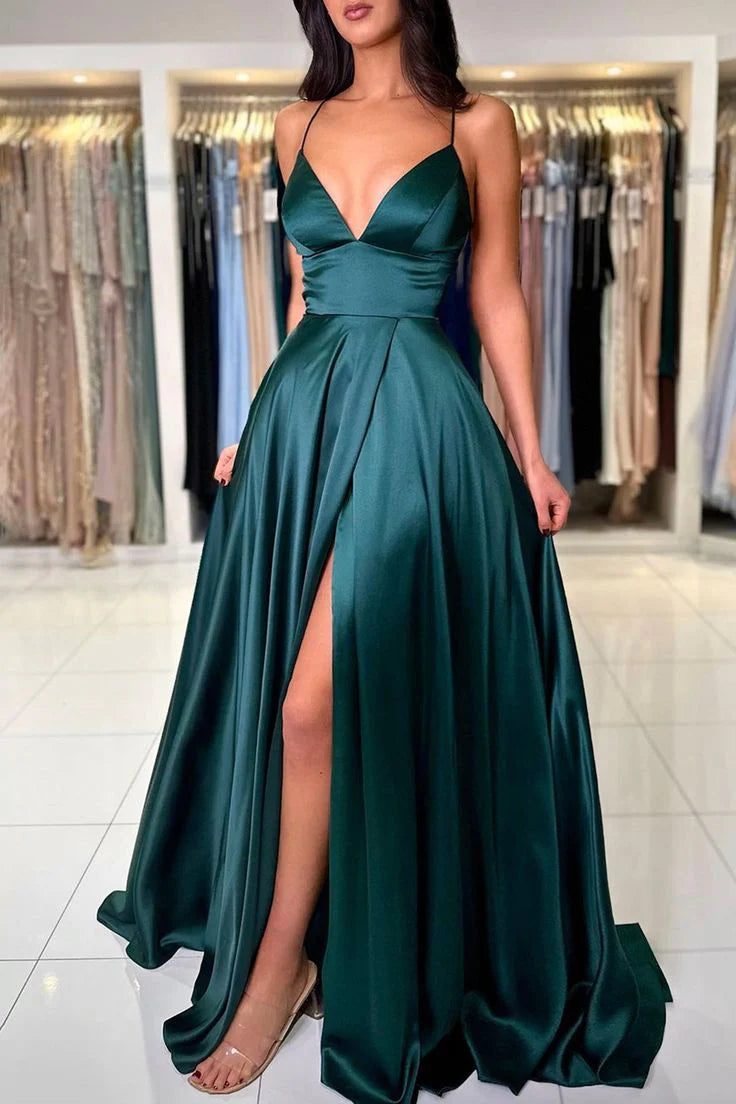Simple V-Neck Satin Long Prom Dress, Beautiful A-Line Backless Evening Party Dress
