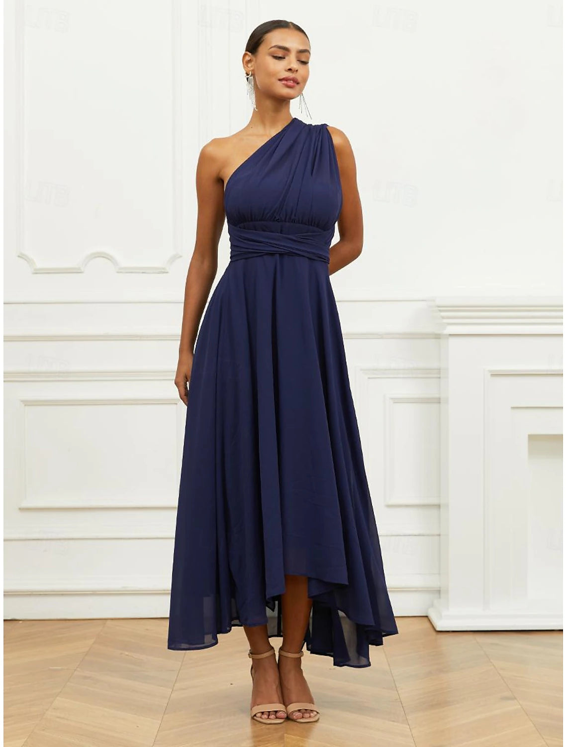 Women's Wedding Guest Cocktail Dress A Line Midi Chiffon Ruched Belted Elegant Formal One Shoulder Sleeveless Dress Navy Blue Color