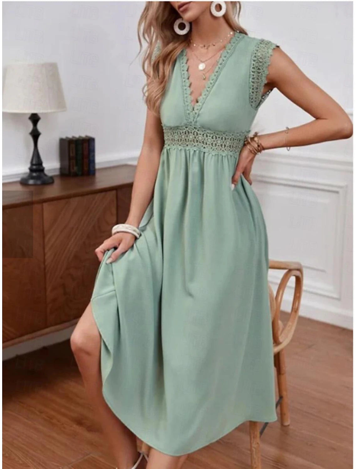Women's A Line Dress Plain Dress Midi Dress Zipper Eyelet Elegant Hawaiian V Neck Short Sleeve Green Color