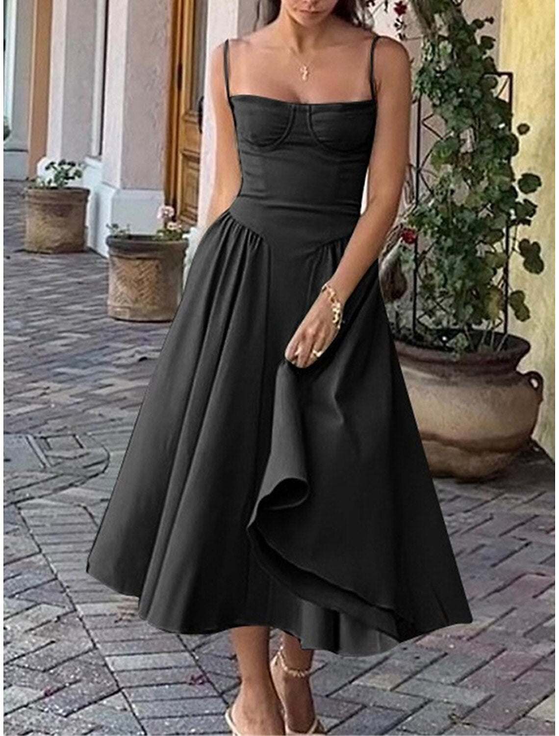 Women's Party Dress Cocktail Dress Wedding Guest Dress Ruched Pocket Spaghetti Strap Sleeveless Midi Dress Wedding Guest Cocktail Party Elegant Black Yellow Summer Spring