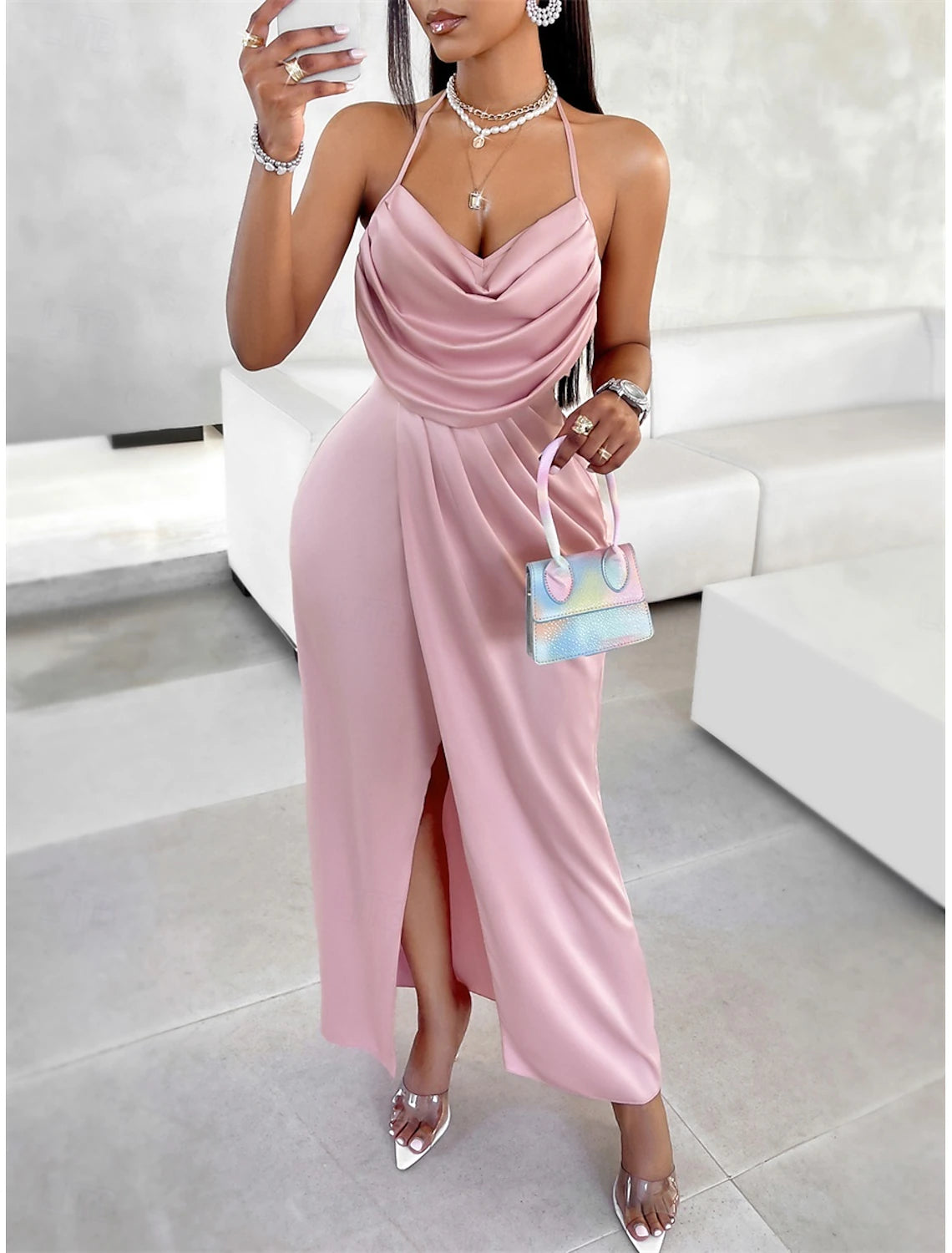 Valentine's Day Women's Maxi Dress Party Dress A Line Dress Elegant Stylish Sexy Vacation Daily Regular Fit Plain Sleeveless Halter Neck Pink Summer Spring Fall