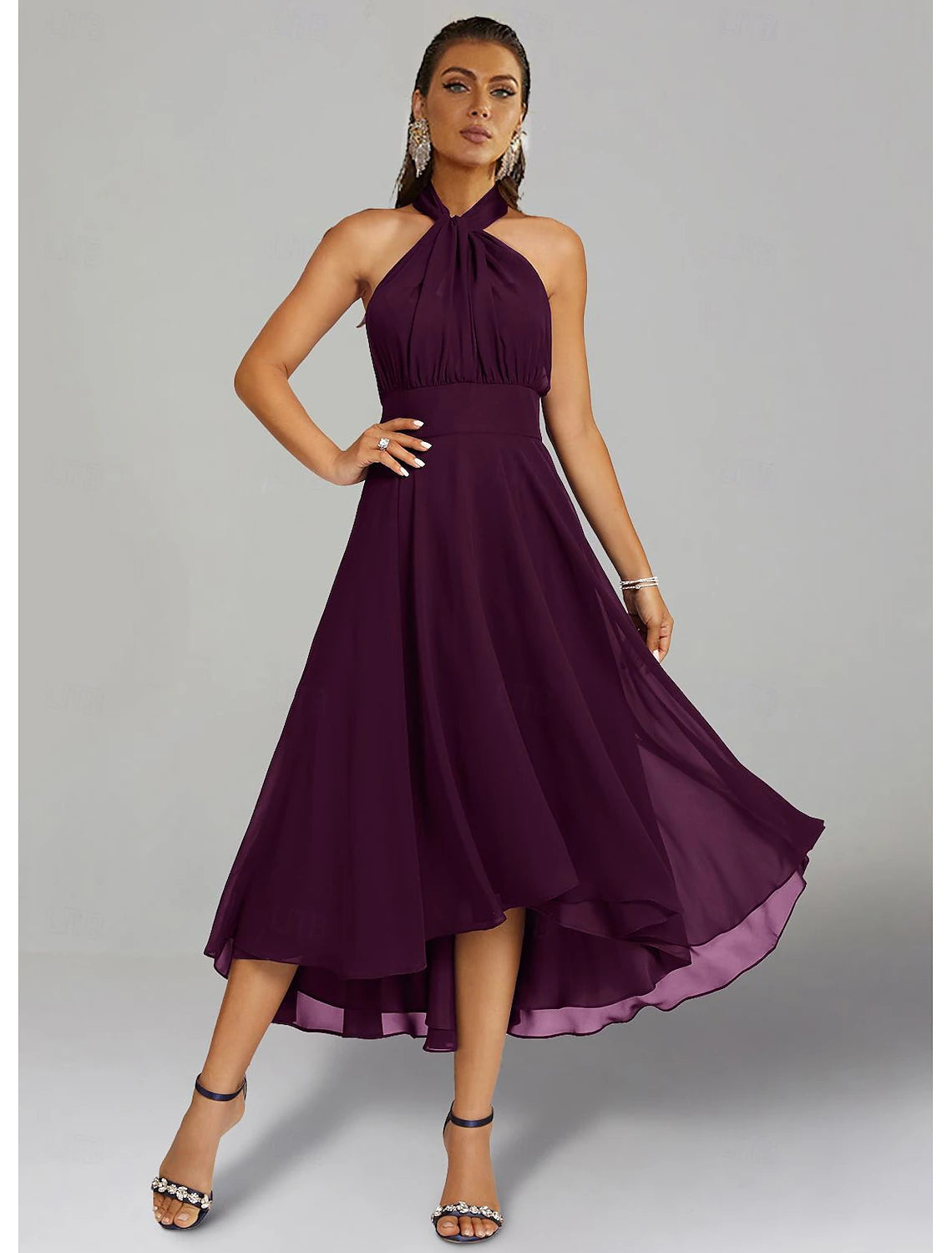A-Line Wedding Guest Dresses Elegant Dress Formal Wedding Party Tea Length Sleeveless One Shoulder Fall Wedding Guest Chiffon with Ruched