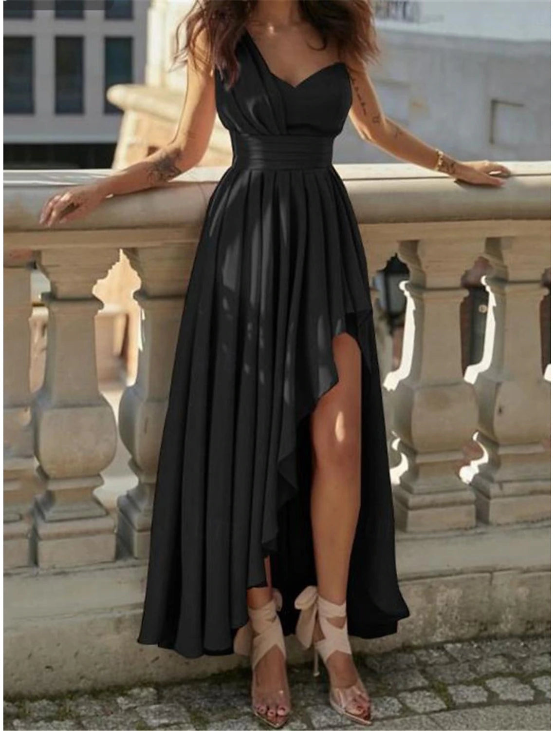 Women's Chiffon Dress Maxi Dress Chiffon Ruffle Backless Wedding Party Wedding Guest Elegant Formal One Shoulder Sleeveless Black Pink Red Color