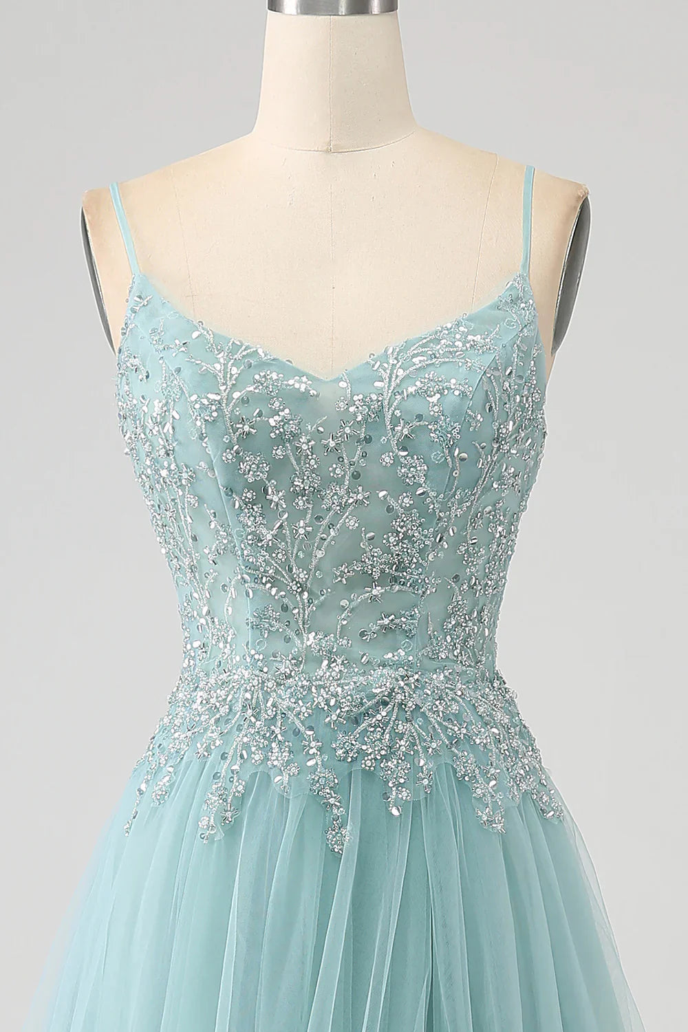 DingJiDress Sparkly Light Green A-Line Sequin Applique Corset Prom Dress With Slit