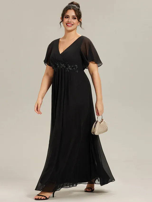 Elegant Black A-Line V -Neck Flutter Sleeve Floral Lace Applique Chiffon Floor-Length Plus-Size Prom Dresses