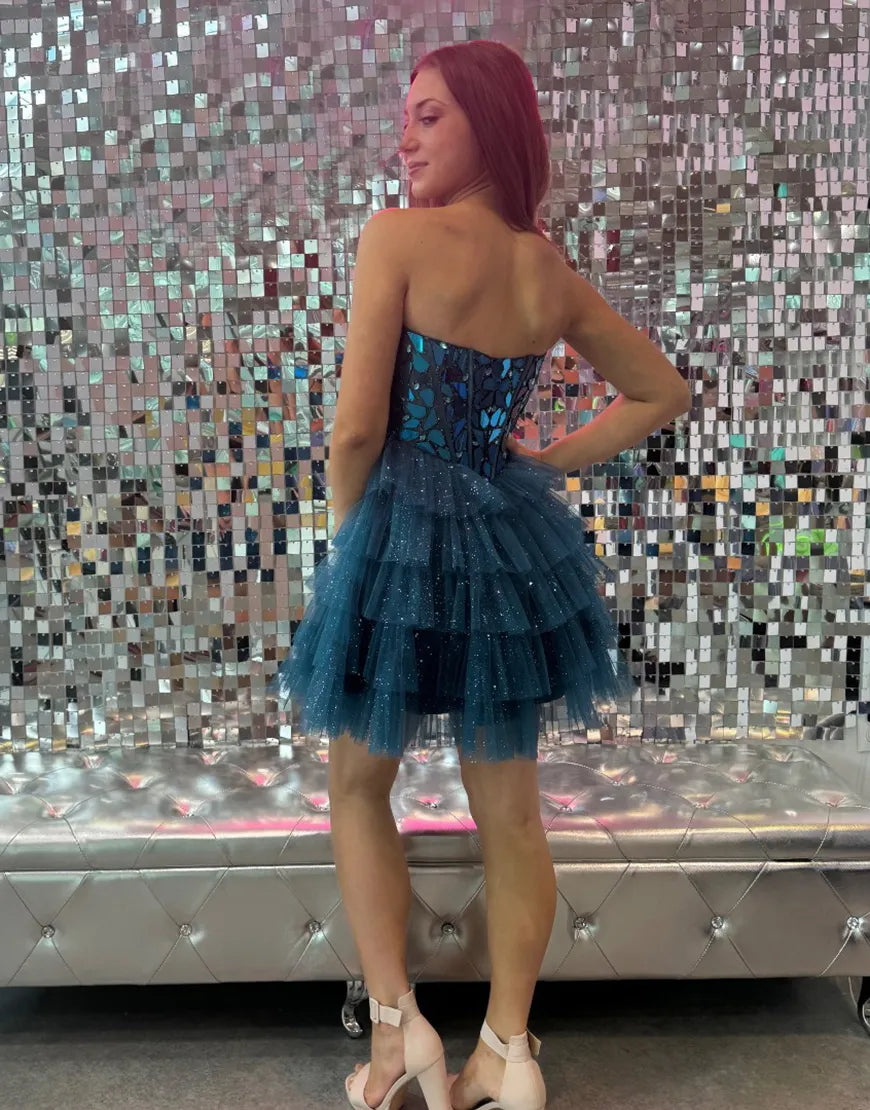 Champagne glitter A-line strapless backless lace multi-layer party dress