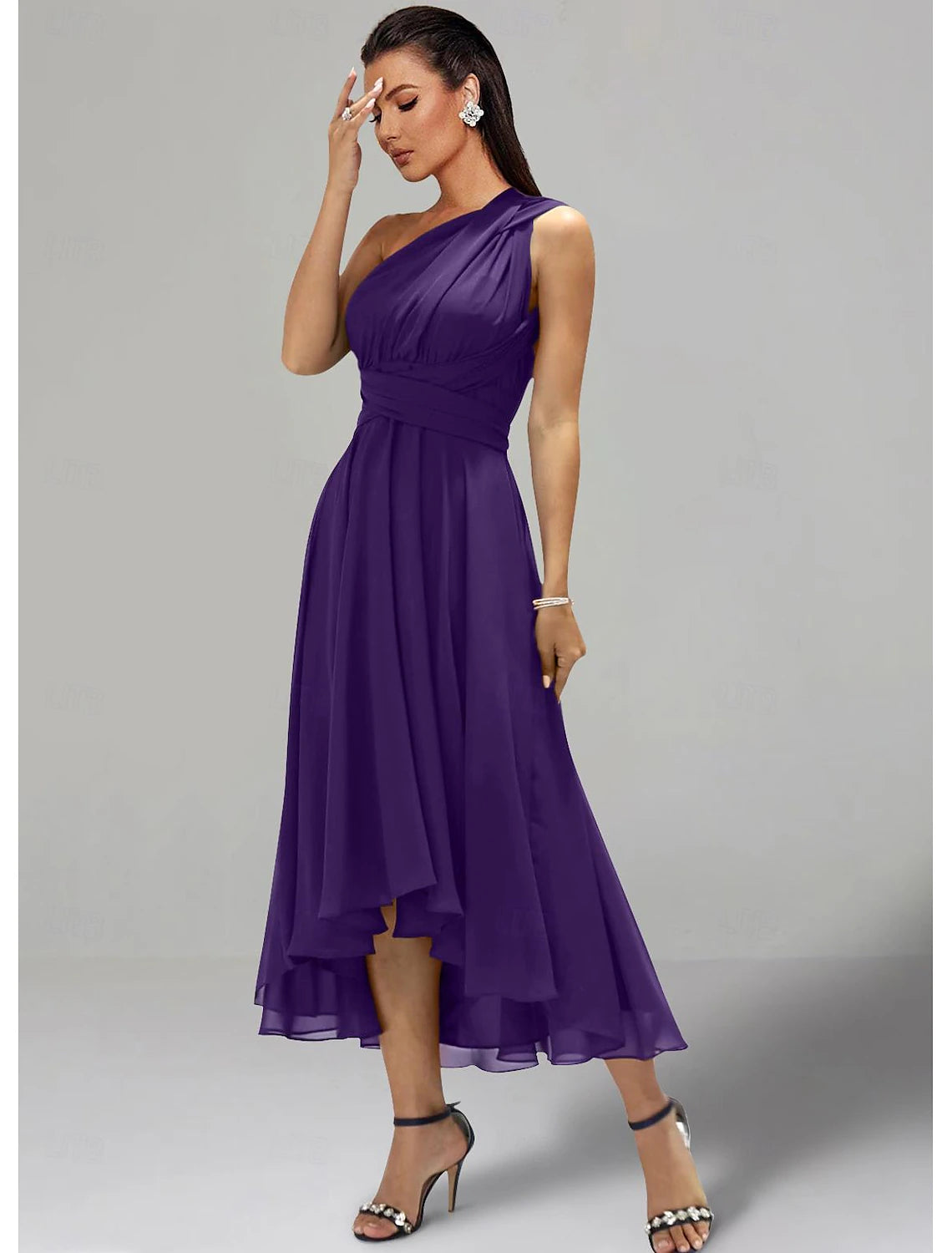 A-Line Wedding Guest Dresses Elegant Dress Formal Wedding Party Tea Length Sleeveless One Shoulder Fall Wedding Guest Chiffon with Ruched