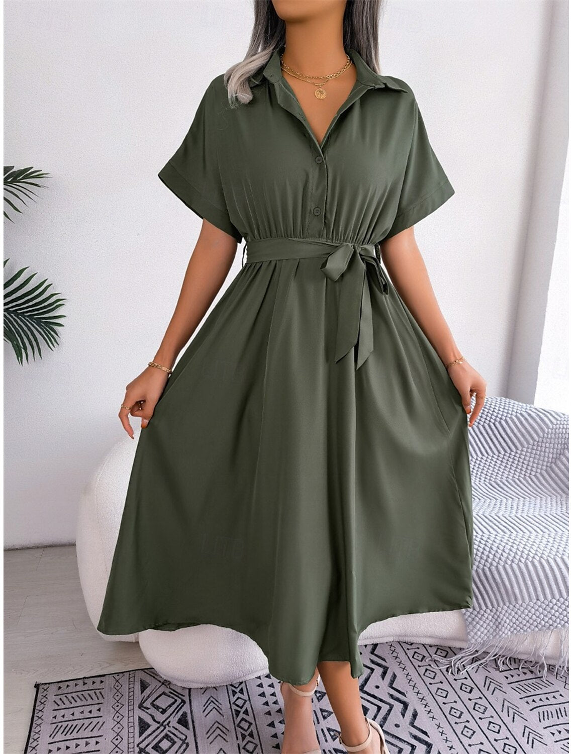 Women's Midi Dress Wrap Dress A Line Dress Birthday Casual Vacation Party Birthday Regular Fit Graphic Short Sleeve Shirt Collar Wine Army Green Light Blue Summe