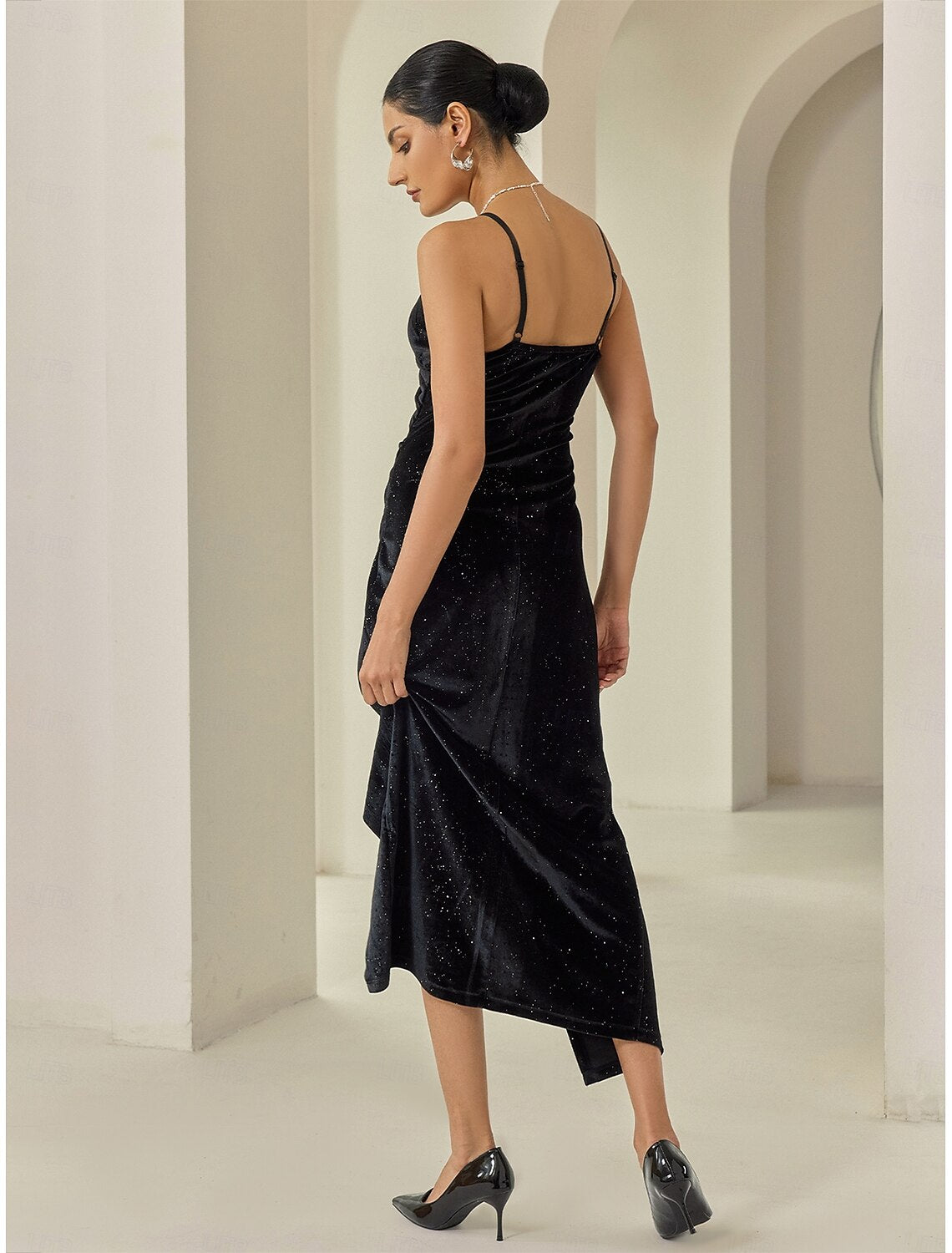 Black Velour Black Sleeveless Ruched Split Ends Elegant Party Midi Dress dress to impress