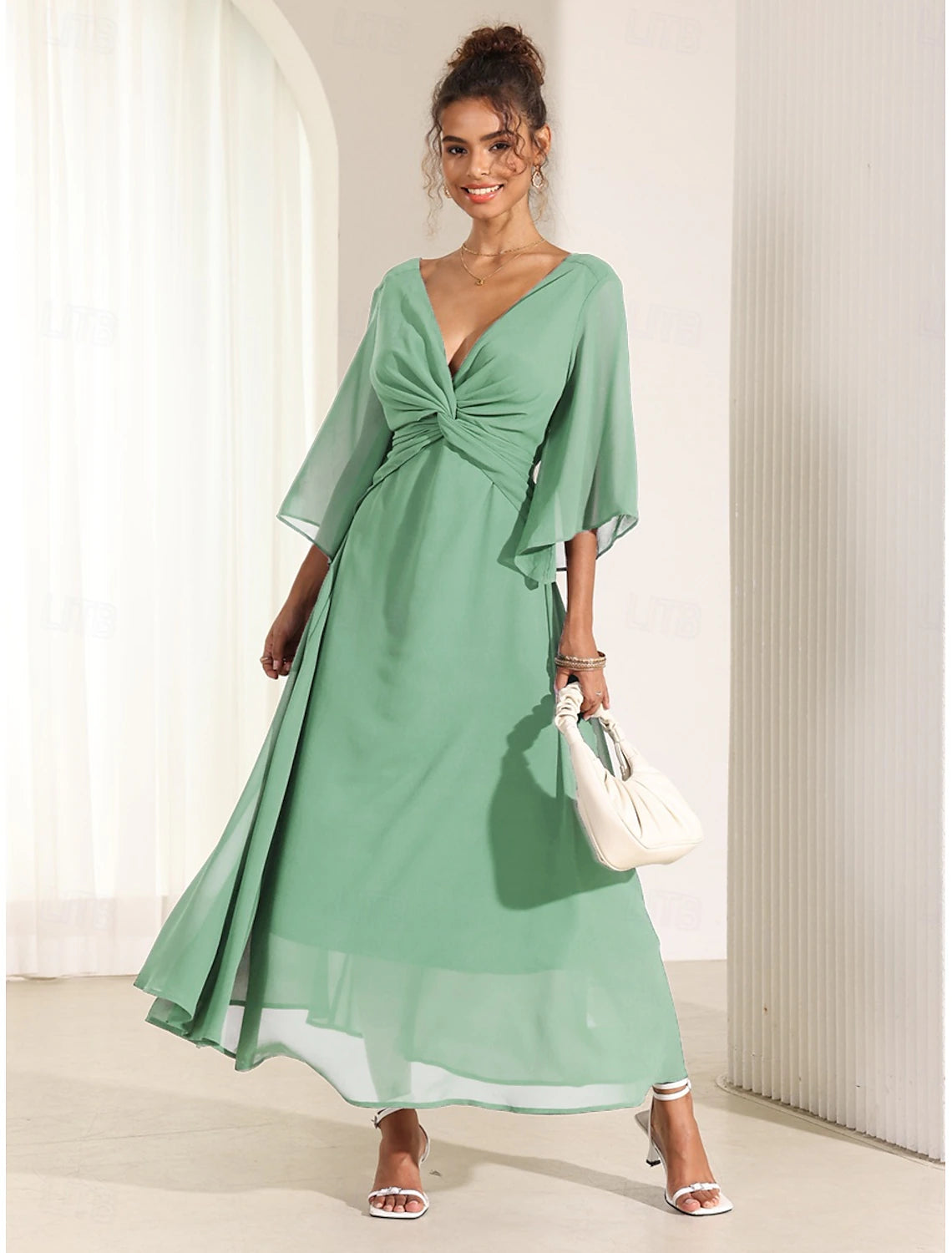 Women's Wedding Guest Cocktail Dress Chiffon Plain Ruffle Twisted Elegant Summer Maxi Dress V Neck Flared 3/4 Length Sleeve