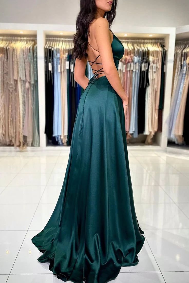 Simple V-Neck Satin Long Prom Dress, Beautiful A-Line Backless Evening Party Dress