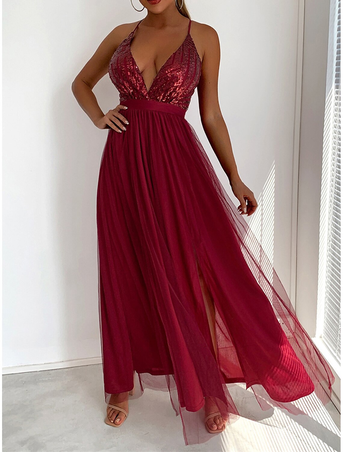 Women's Sequin Dress Party Dress Cocktail Dress Sequins Mesh Spaghetti Strap Sleeveless Winter Dress Wedding Guest Champagne Wine Spring Fall