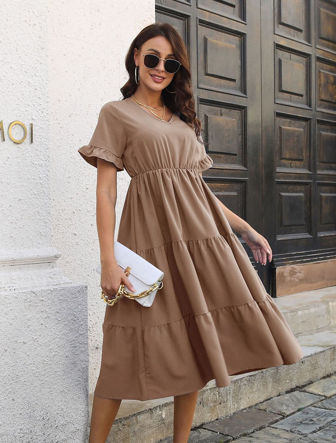 Valentine's Day Women's Normal Midi Dress Swing Dress Boho Chic Dresses Tiered Dress Bohemia Stylish Classic Elbow Sleeve Vacation Party Daily Form Fit Plain Short Sleeve V Neck Black Sky Blue Green