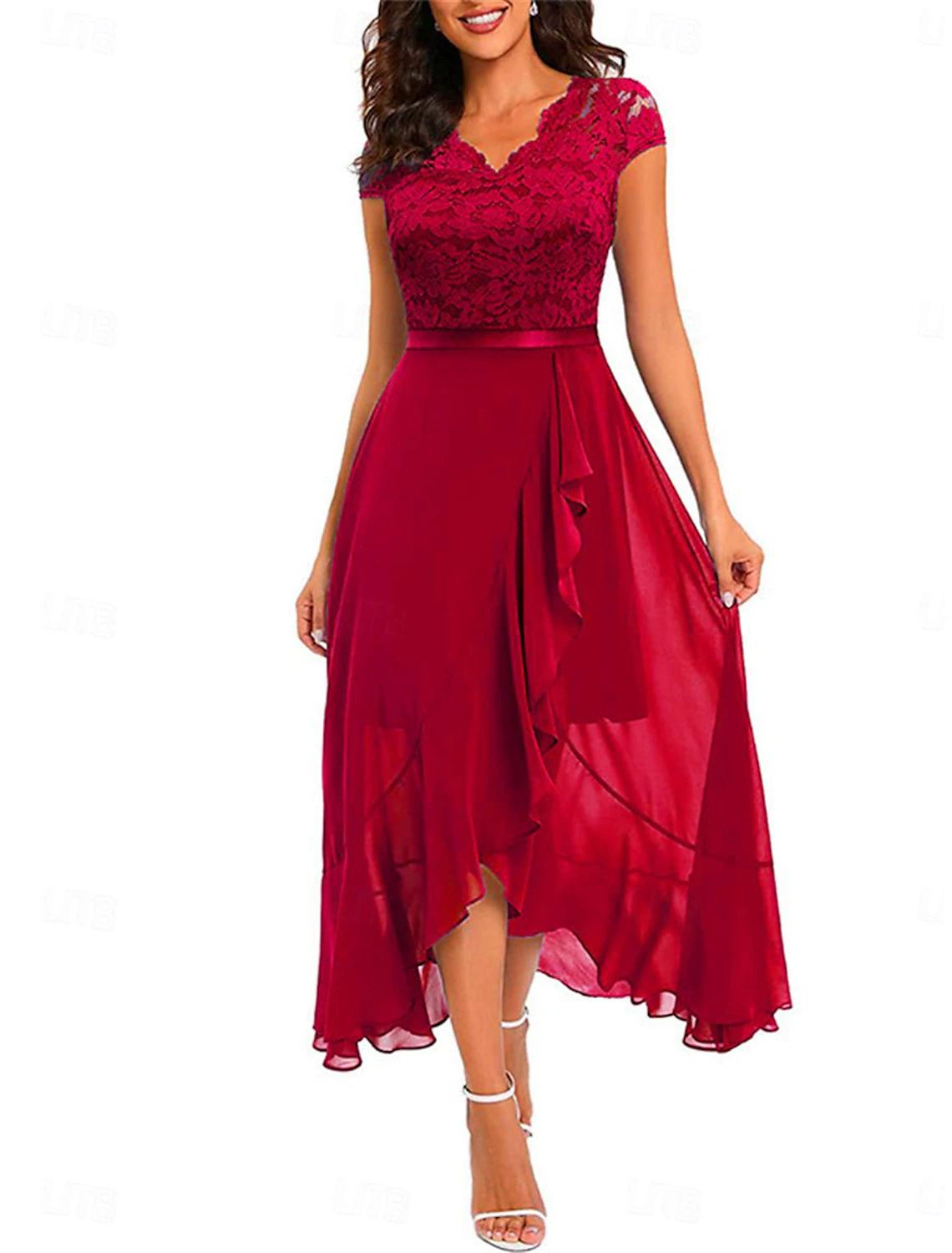 Women's Lace Dress Maxi Dress Lace Lace Ruffle Wedding Guest Cocktail Party Elegant Formal V Neck Sleeveless Black Pink Wine Color