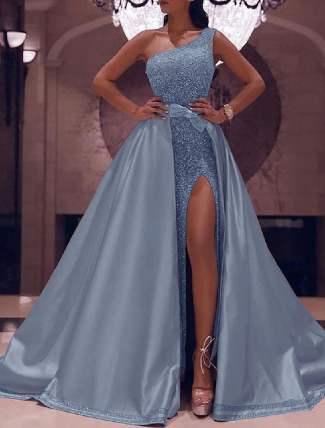 Ball Gown Prom Dresses Sparkle & Shine Dress Wedding Guest Evening Party Floor Length Sleeveless One Shoulder Detachable Satin with Bow(s) Sequin Slit