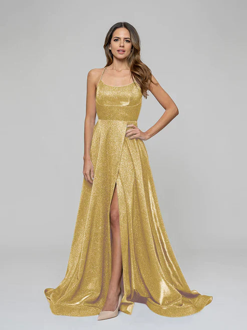 DingJiDress Halter Metallic Glitter Criss Cross Back A Line Prom Dresses