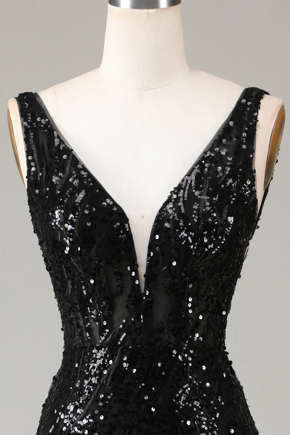 DingJiDress Black Sparkly Depp V-neck Mermaid Prom Dress with Feathers