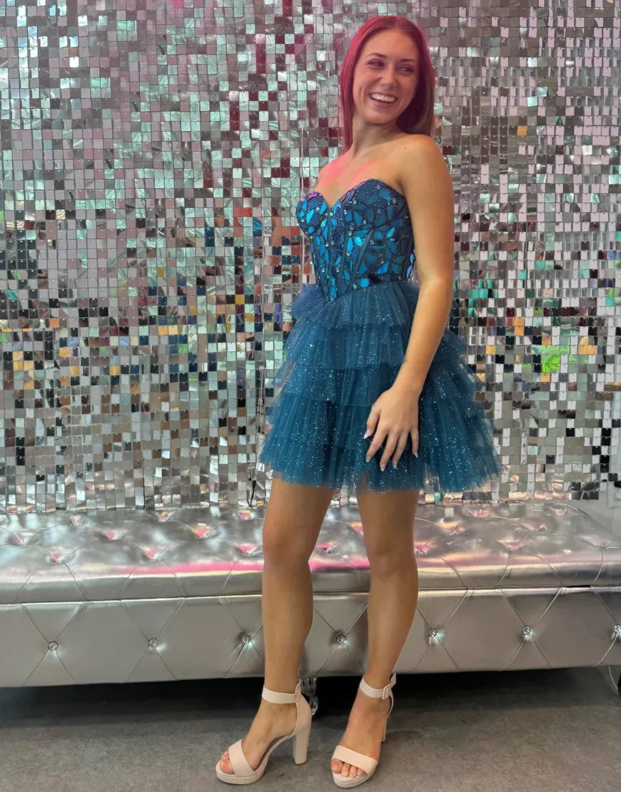 Champagne glitter A-line strapless backless lace multi-layer party dress