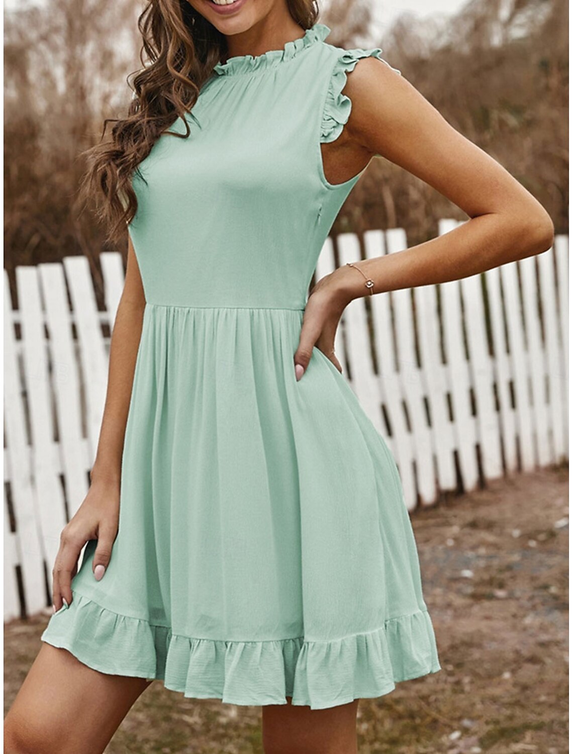 Women's Mini Dress A Line Dress Ruffle Dress Party Birthday Party Birthday Date Regular Fit Graphic Sleeveless High Neck Black Light Green Pink Summer Spring