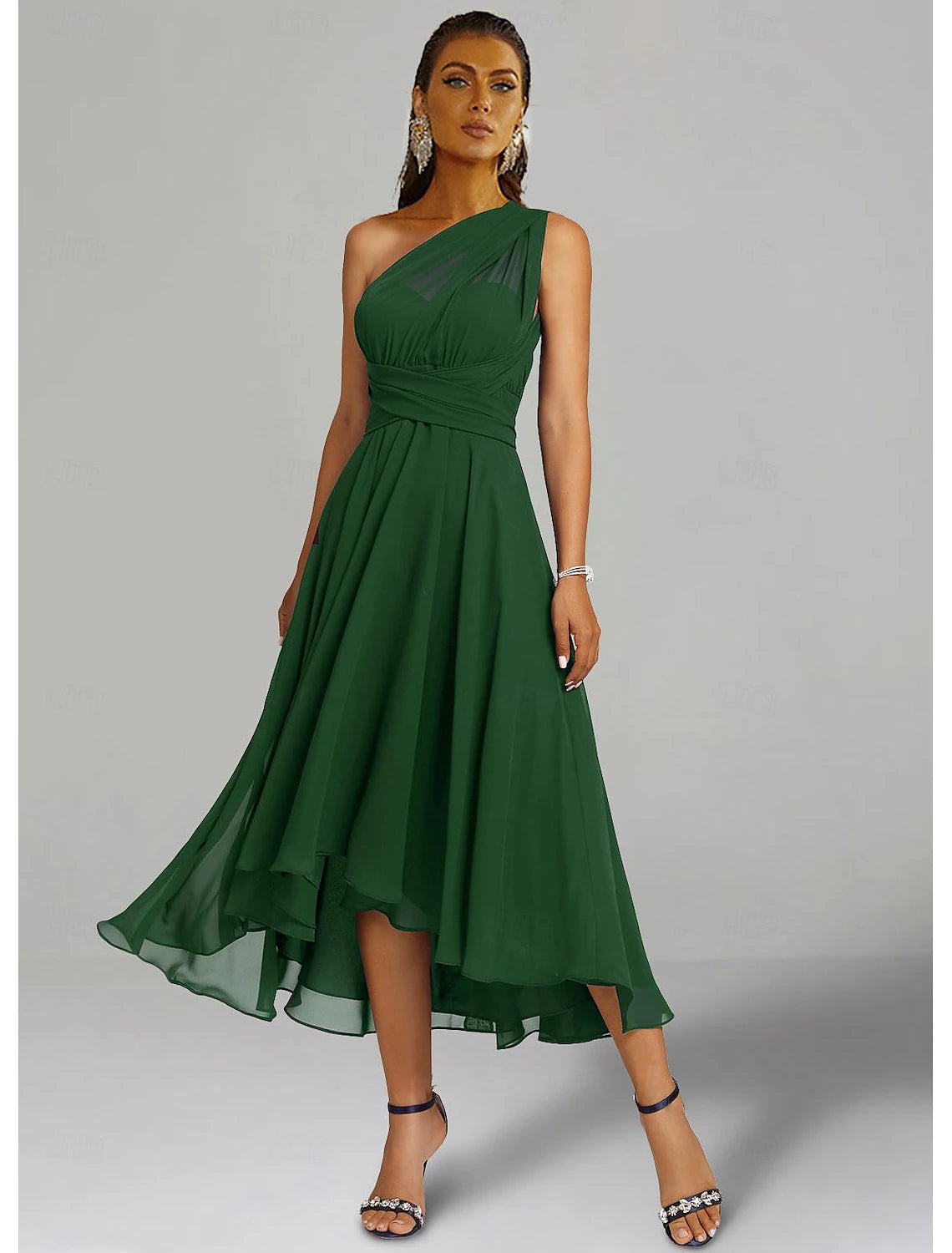 A-Line Wedding Guest Dresses Elegant Dress Formal Wedding Party Tea Length Sleeveless One Shoulder Fall Wedding Guest Chiffon with Ruched