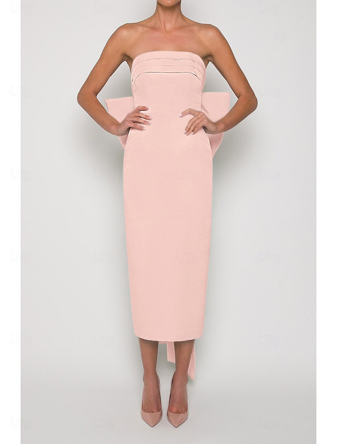 Sheath Cocktail Dresses Party Dress Wedding Guest Engagement Tea Length Sleeveless Strapless Fall Wedding Reception Satin with Bow(s) Derby Dresses